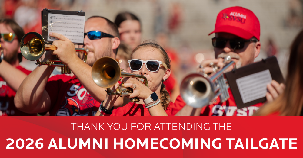 Thank you for attending the 2026 Alumni Homecoming Tailgate with a photo of SVSU alumni playing in the marching band with current students
